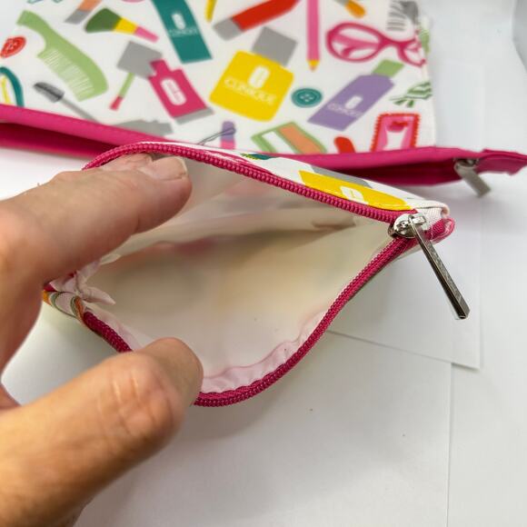 CLINIQUE Glass Print Cosmetic Makeup Bag Set Zipper Pouch (1 Large + 1 Small ) - Picture 4 of 6